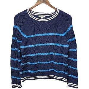 horizontal stripe pattern blue & white long sleeve casual textured woven sweater